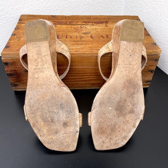 Stuart Weitzman Cork Wedge Sandals 9.5 Women’s Slip-On Strappy Nude Summer Heel - Picture 9 of 10